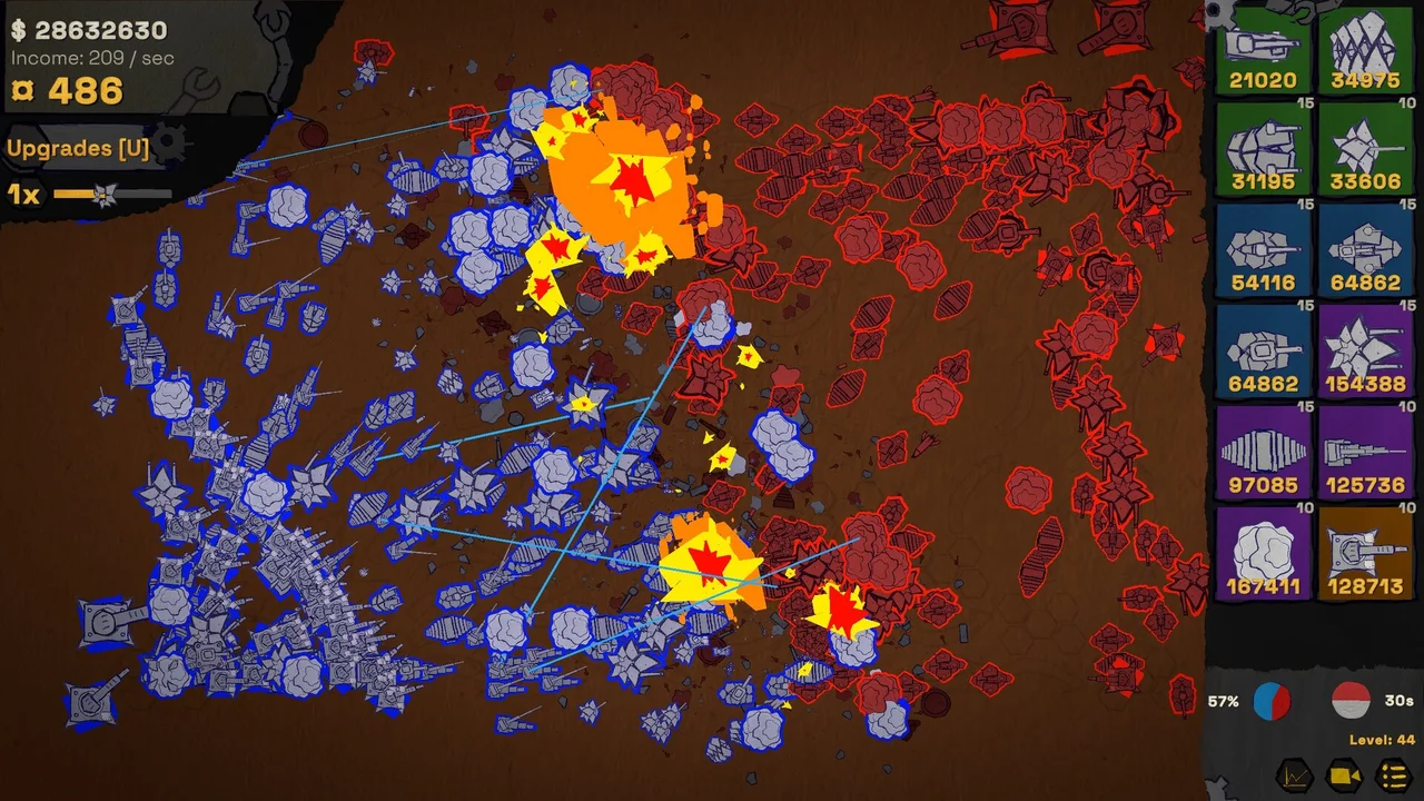Incremental RTS battle at Level 44 with large blue and red automated armies